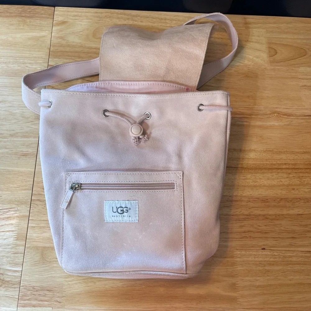 UGG Australia Pink Suede Shearling Fur Mini Backpack Drawstring Bag